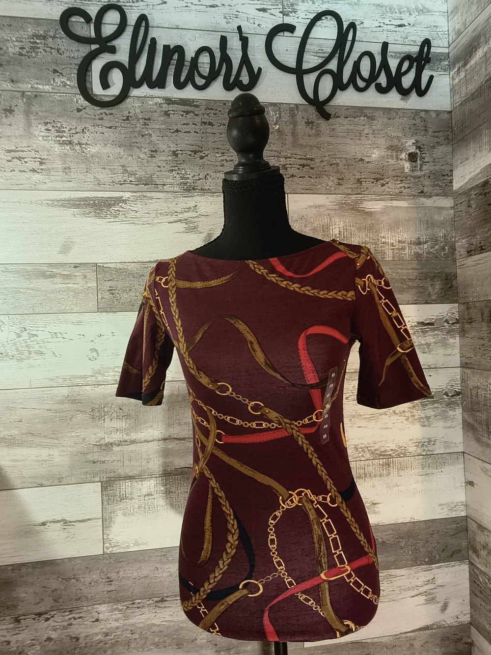 Ralph Lauren Women's Burgundy Chain-Print Short Sleeve Top XS NWT